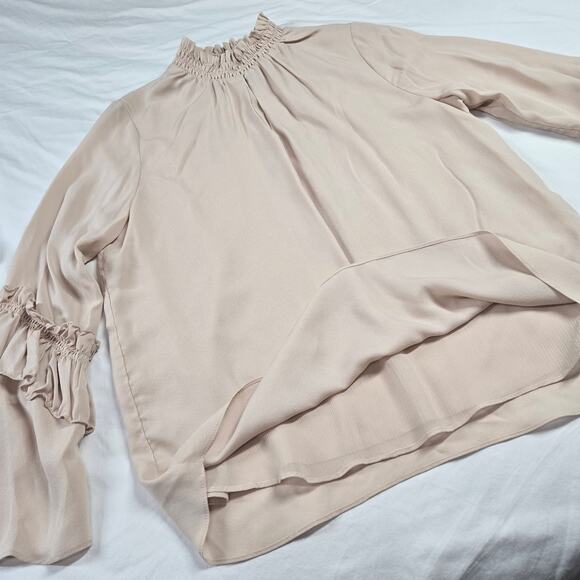 Drew Blouse Pale Pink Peekaboo Mock Neck Top Medium Silk Ruffle Sleeve - Picture 7 of 9